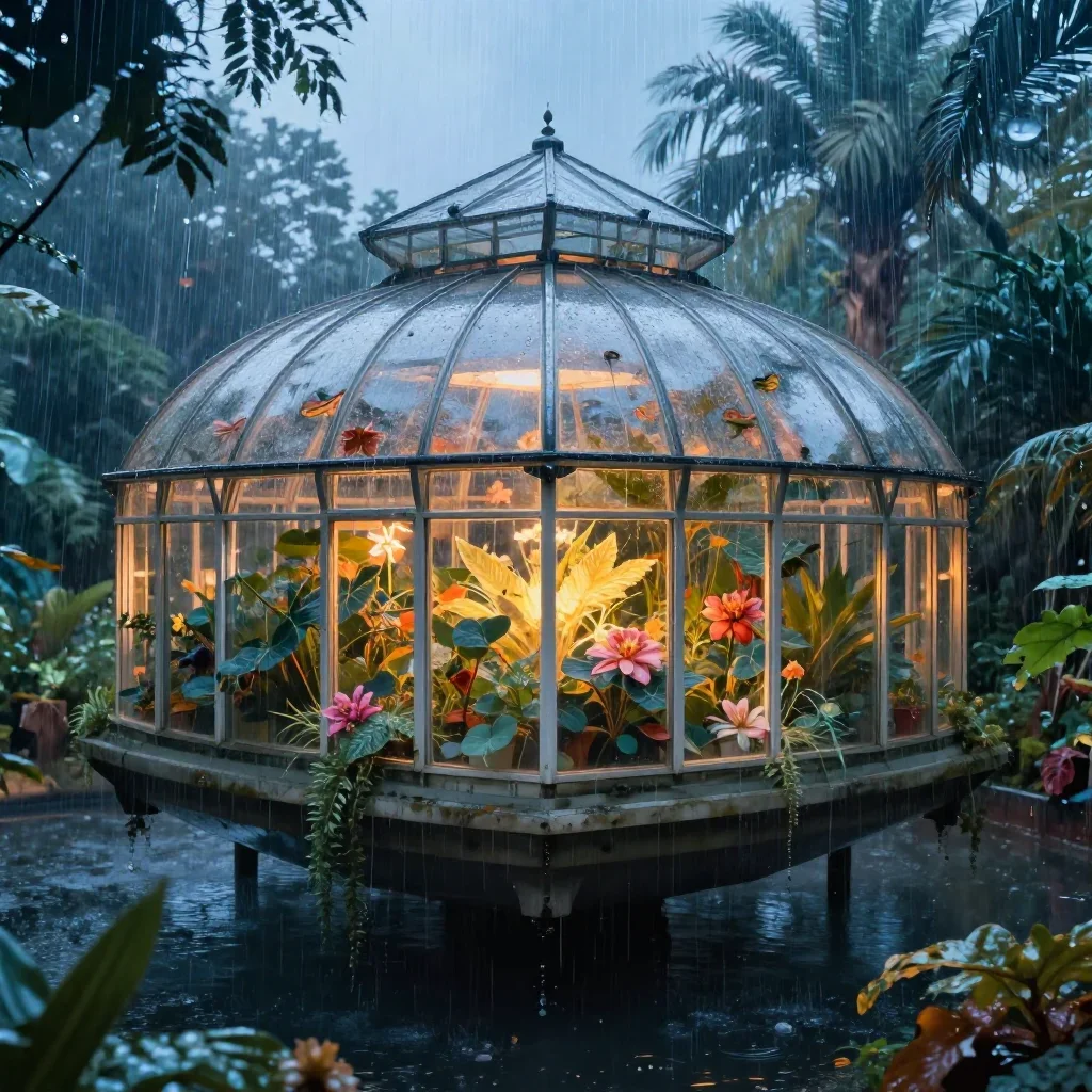 a floating botanical conservatory after warm summer rain, dreamlike fine-art landscape photography, soft volumetric ligh