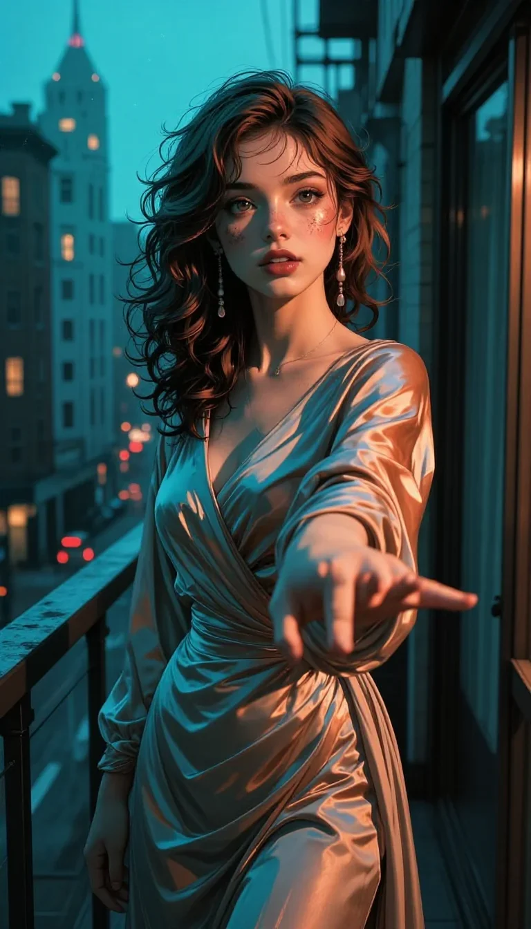 a young woman in a flowing silk gown in a gentle reach toward the lens, in a blue-hour city apartment, neo-noir cinemati