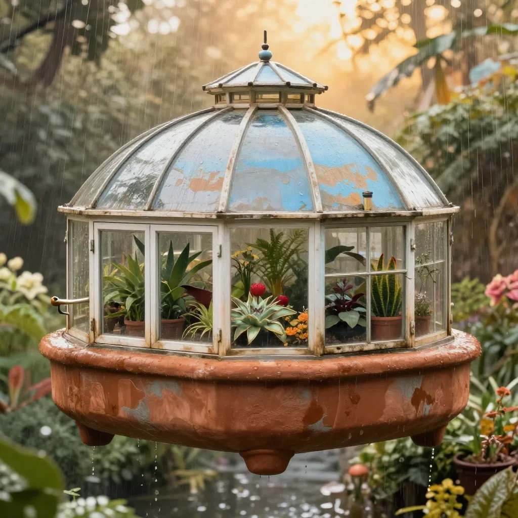a floating botanical conservatory after warm summer rain, high-end design magazine photography, weathered tactile surfac