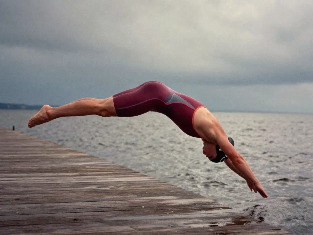 a swimmer before the plunge in a racing suit mid-turn with fabric catching the light, on a storm-washed boardwalk, soft-
