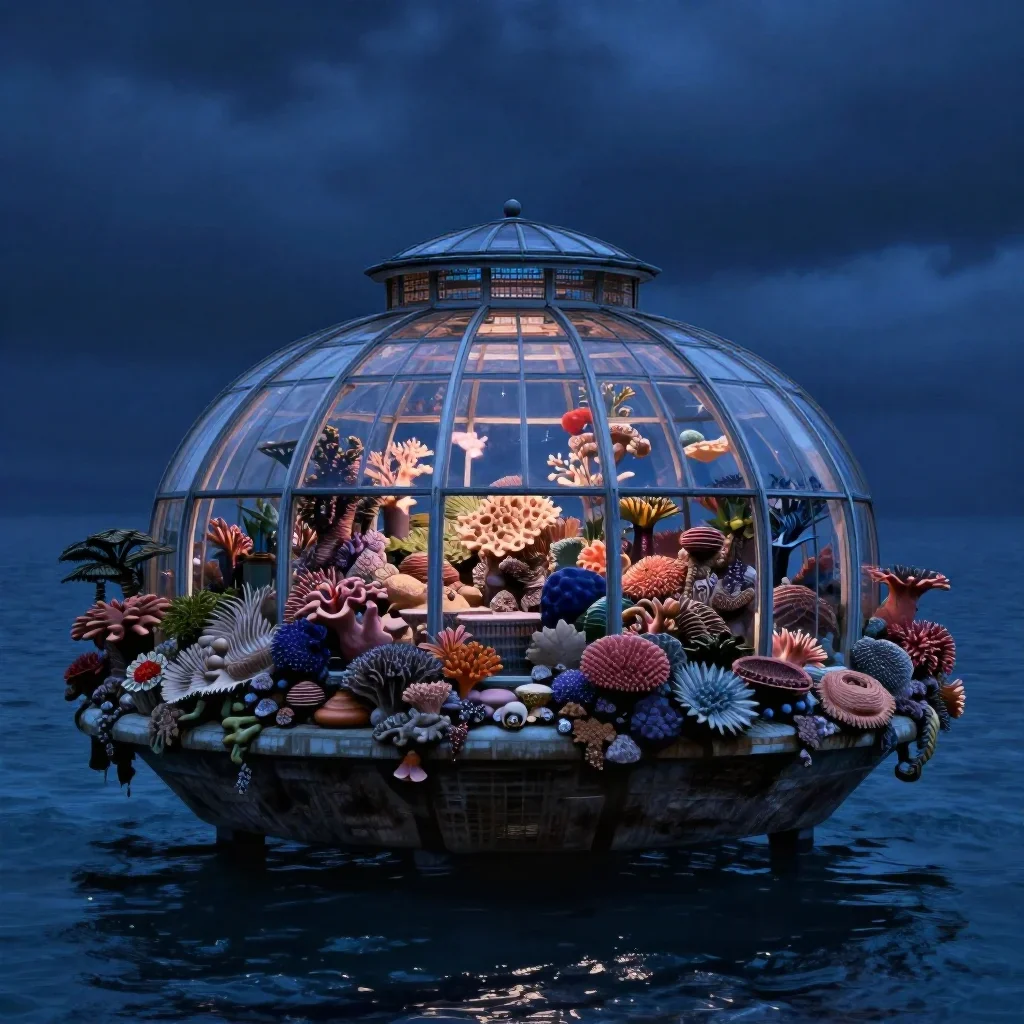 a floating botanical conservatory in a gentle sea breeze, cinematic architectural photography, atmospheric depth, coral 