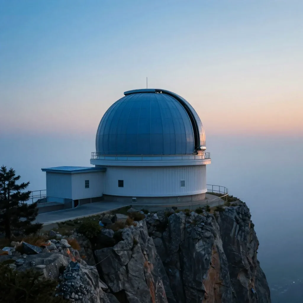 a cliffside observatory under soft dawn fog, museum-quality still-life photography, restrained color harmony, cobalt and