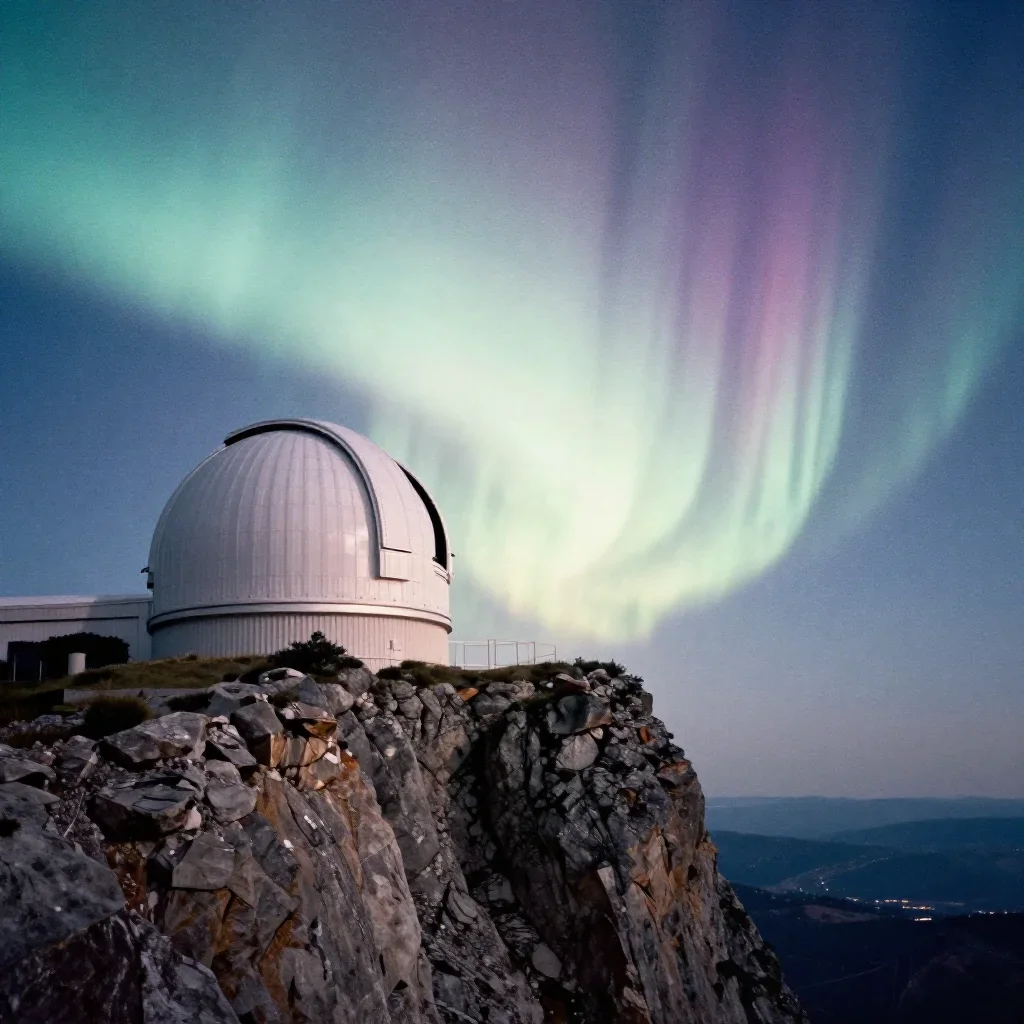 a cliffside observatory beneath an aurora, soft-grain analog film photography, soft volumetric light, indigo and pearl p