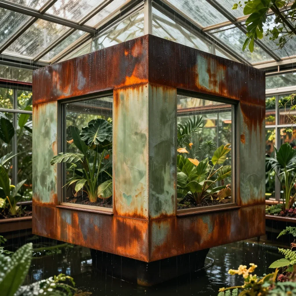 a floating botanical conservatory after warm summer rain, cinematic architectural photography, careful geometric composi