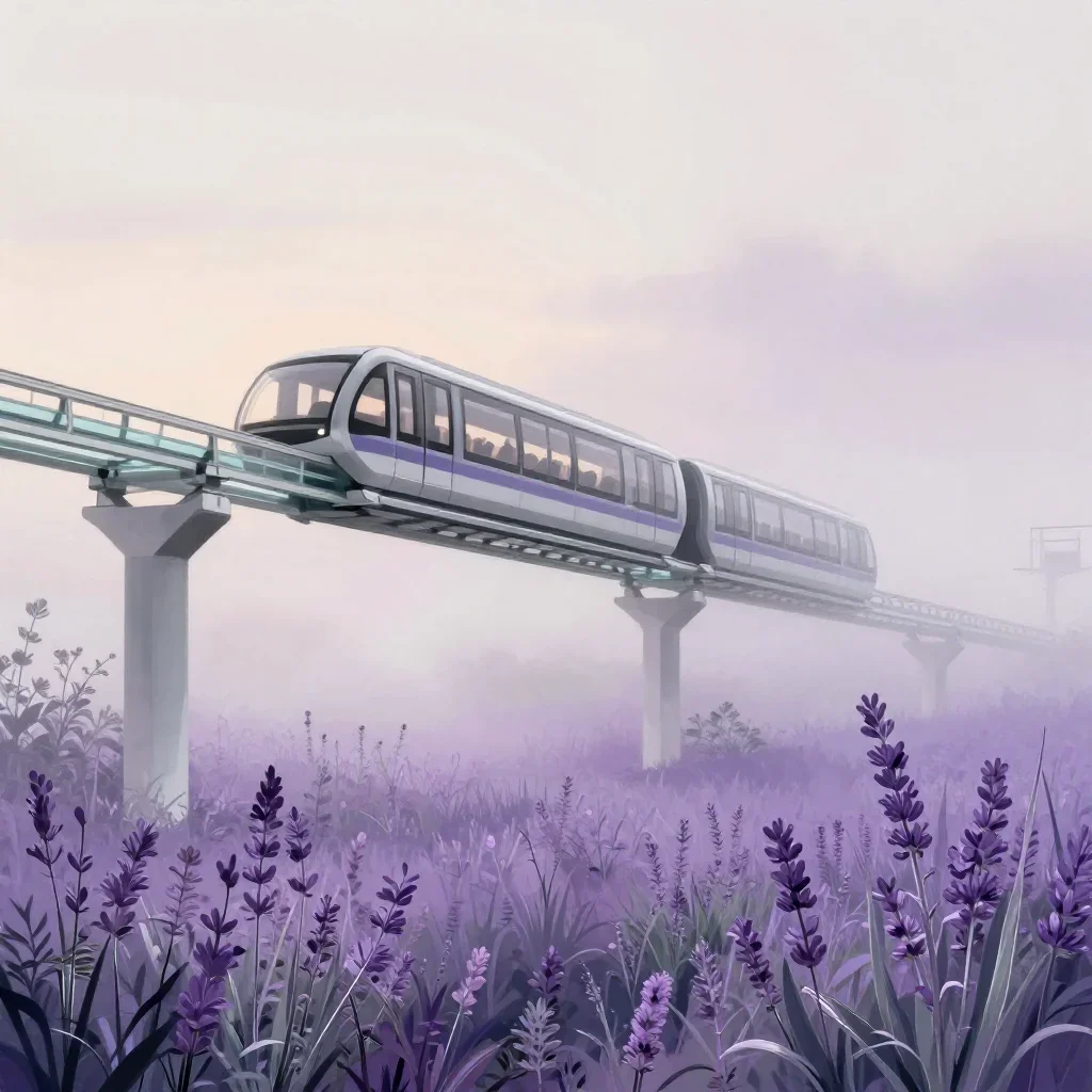 a glass monorail under soft dawn fog, contemporary botanical illustration, restrained color harmony, lavender and silver