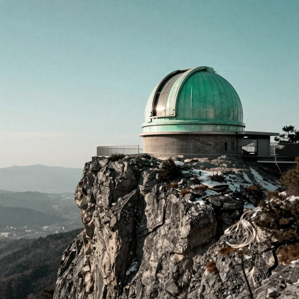 a cliffside observatory in crisp winter sunlight, dreamlike fine-art landscape photography, subtle film grain, jade and 