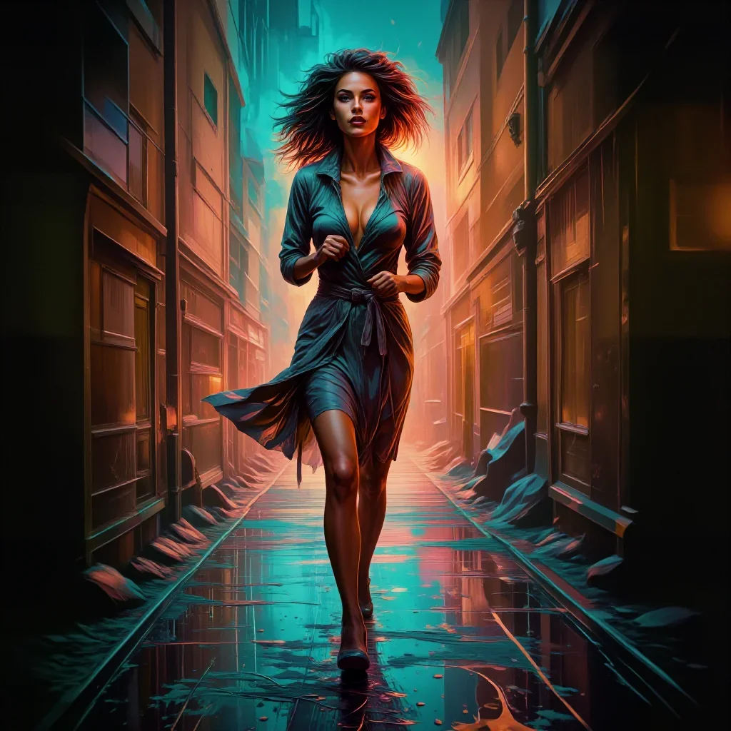 a noir detective's femme fatal muse in a trench coat in a confident cinematic stride, in a rain-slick neon alley, dreaml