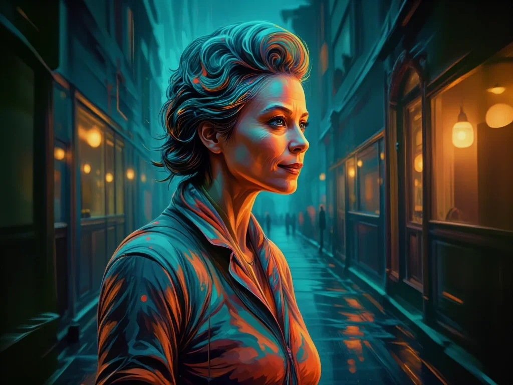 an elegant older stateswoman in a silk scarf in a dramatic three-quarter profile, in a rain-slick neon alley, bold Helmu