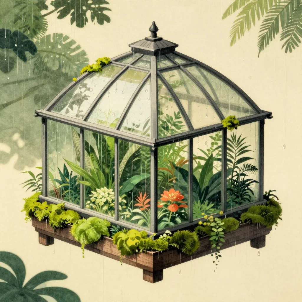 a floating botanical conservatory after warm summer rain, Japanese woodblock-inspired editorial art, careful geometric c