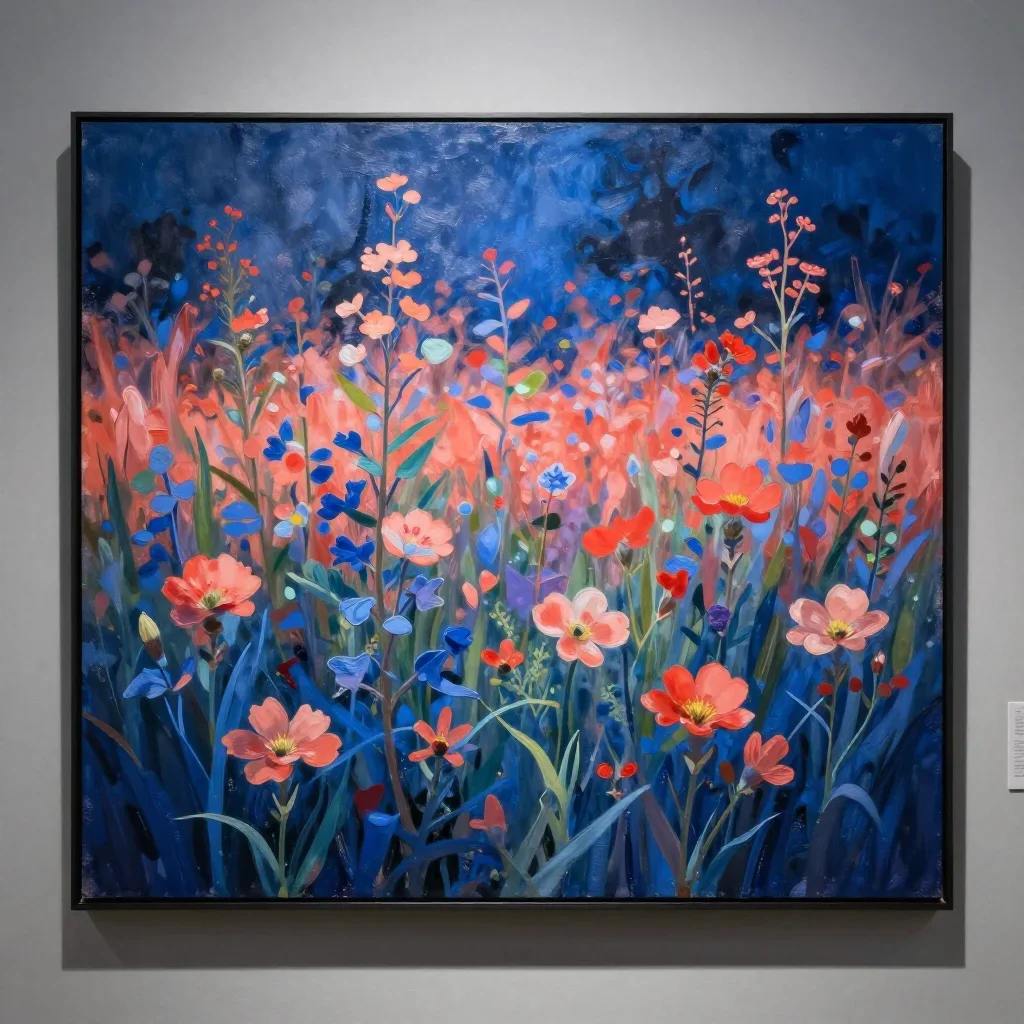 a field of giant wildflowers in cool museum light, luminous gouache painting, shallow depth of field, coral and midnight