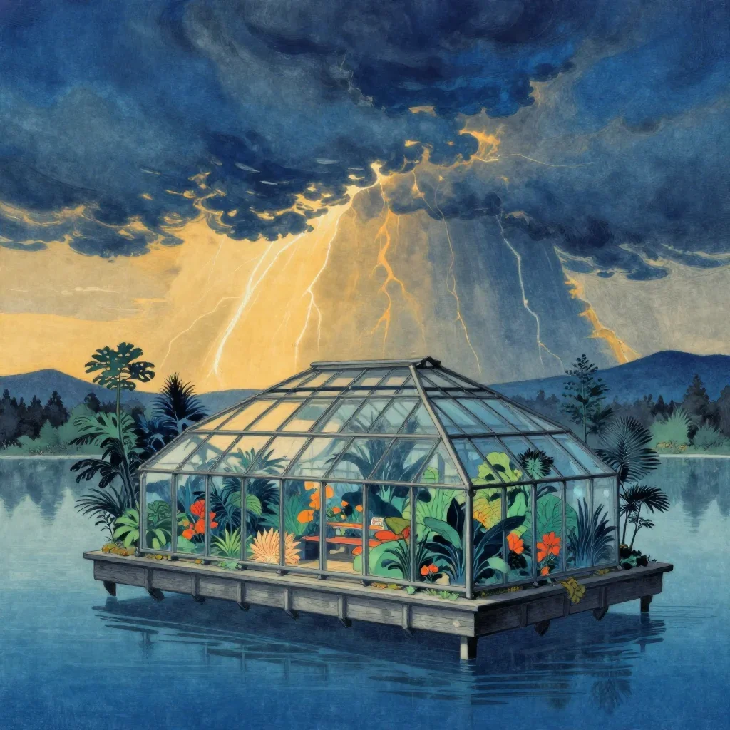 a floating botanical conservatory after a distant thunderstorm, Japanese woodblock-inspired editorial art, calm negative