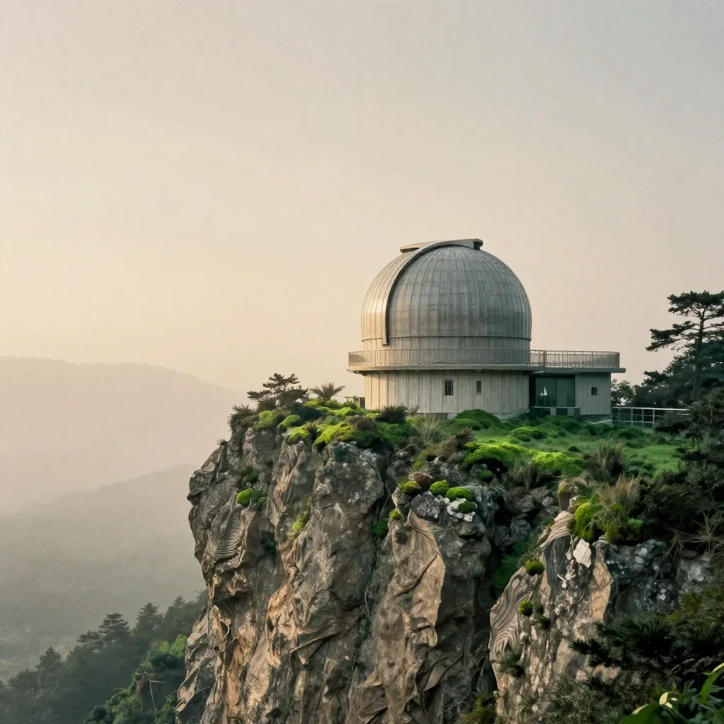 a cliffside observatory under soft dawn fog, Japanese woodblock-inspired editorial art, subtle film grain, moss green an