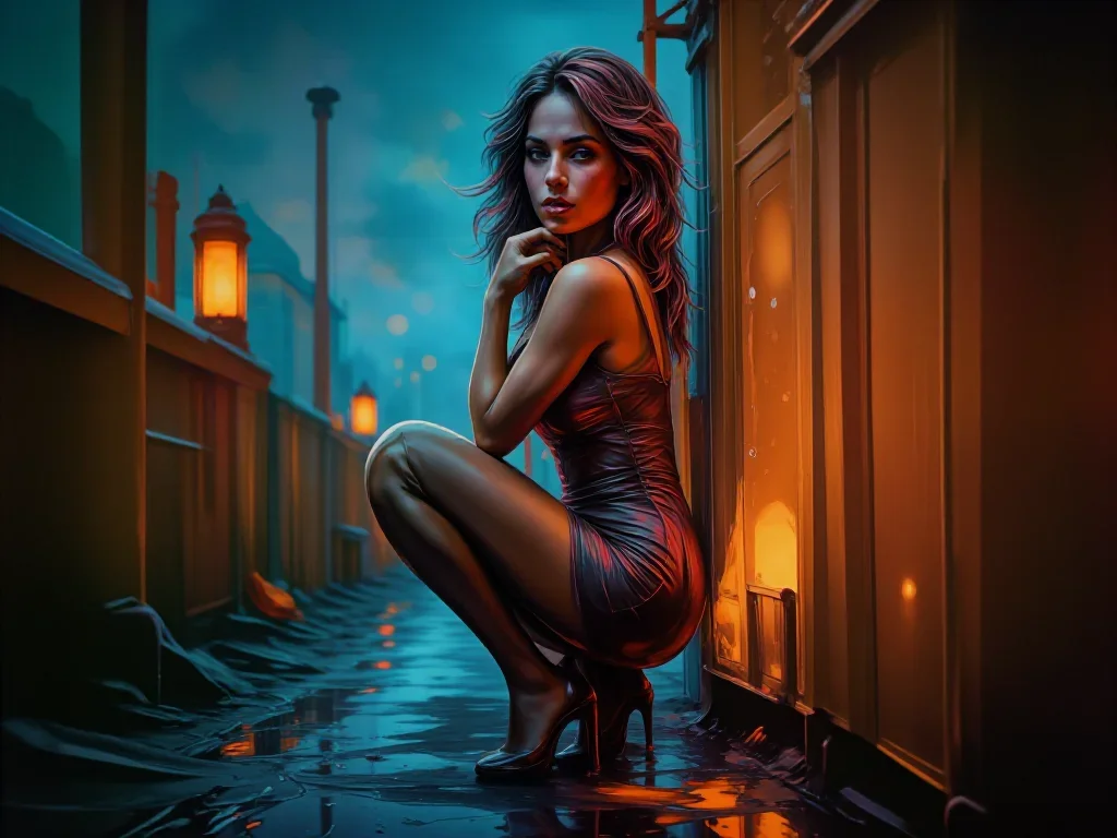 a muse on a rooftop at dusk in a body-con dress in a low lunge with a lifted chin, in a rain-slick neon alley, neo-noir cinematic portrait, layered foreground framing, ice blue and warm cedar palette, no text, no logo...