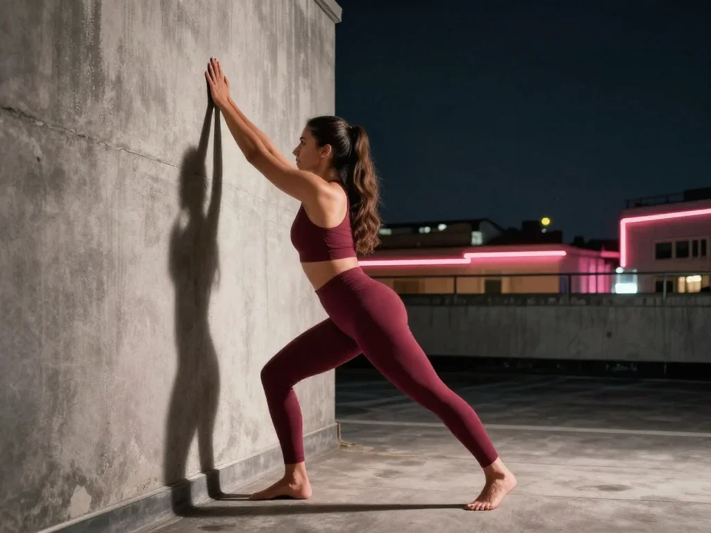 a fitness creator stretching in a sunlit loft in a wind-swept lean against a wall, on a neon-lit rooftop at midnight, so