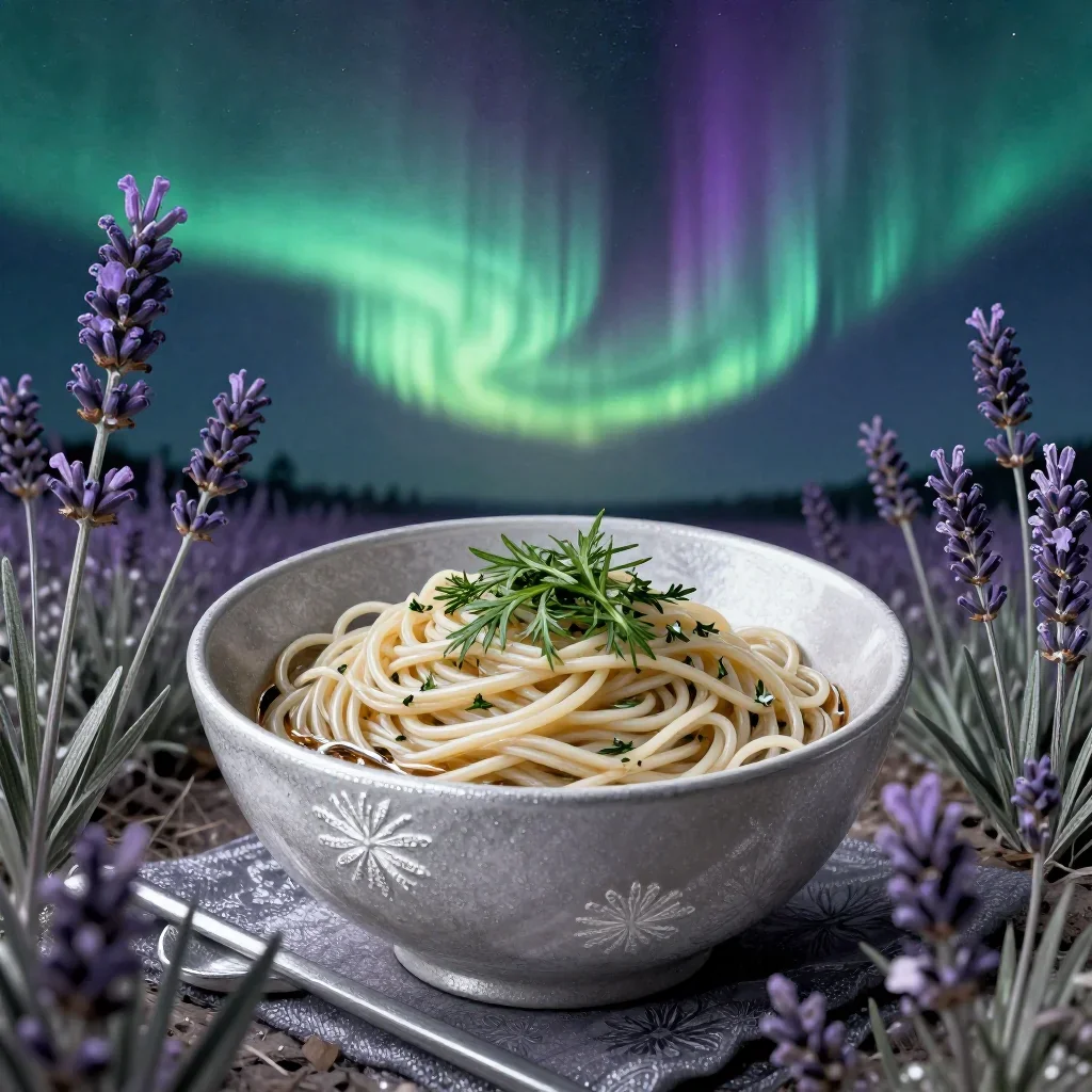 a bowl of handmade herb noodles beneath an aurora, contemporary botanical illustration, layered foreground framing, lave