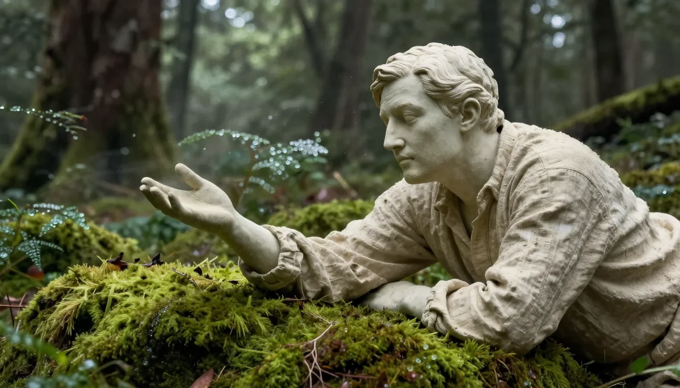 a sculptor at rest in a linen shirt, dust-hazed in a gentle reach toward the lens, in a dewy forest clearing, National G
