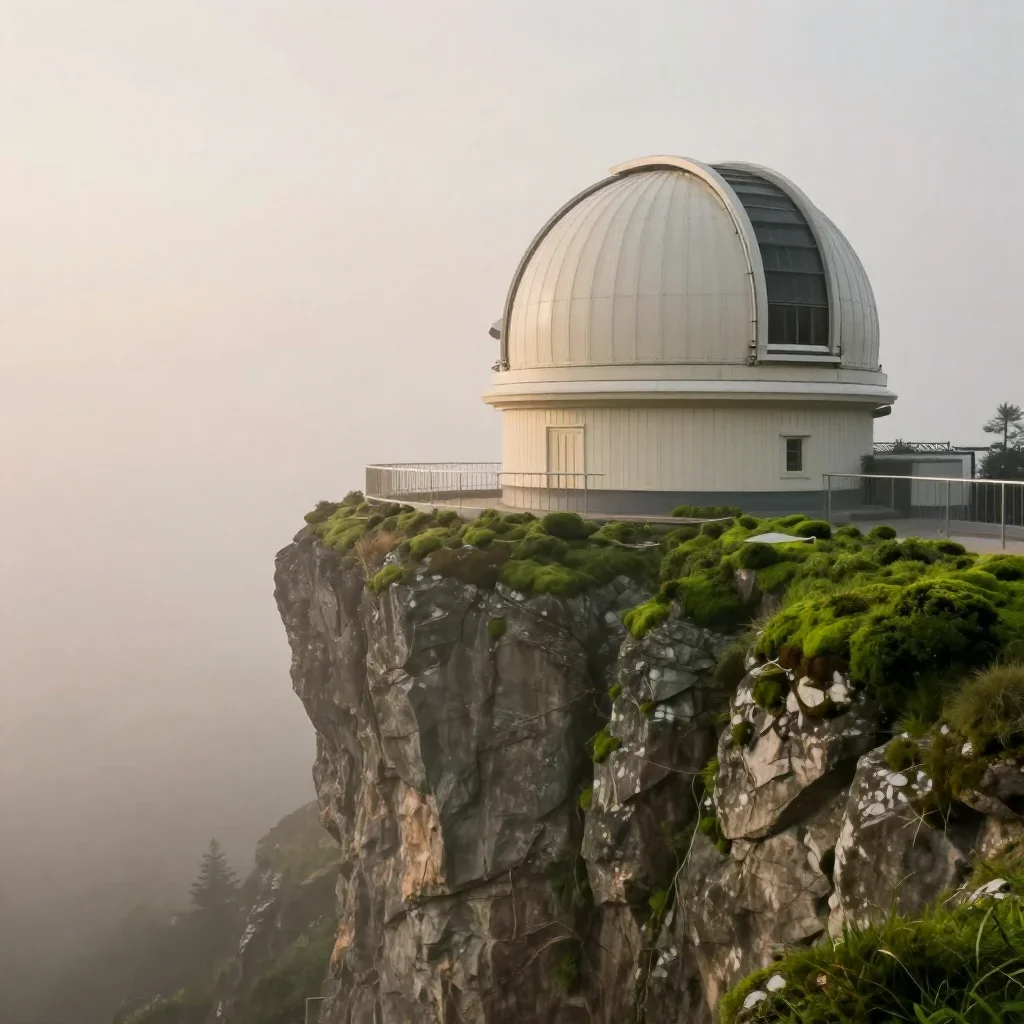 a cliffside observatory under soft dawn fog, high-end design magazine photography, atmospheric depth, moss green and cre