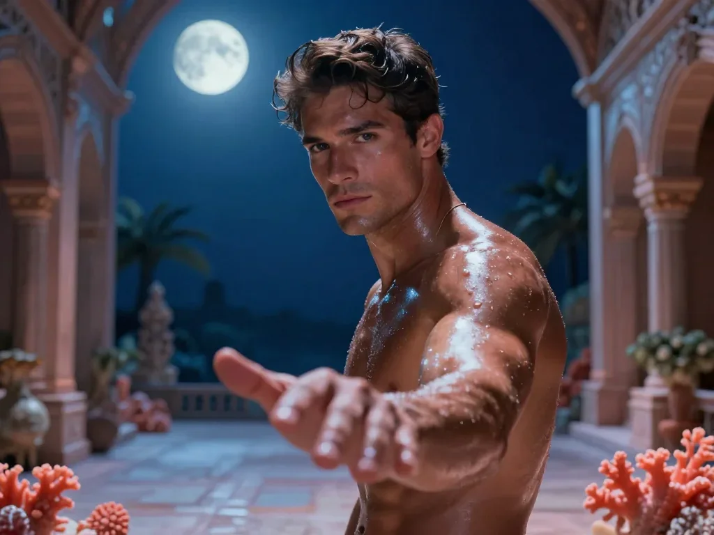 a chiseled athlete in dramatic rim light, oiled skin in a gentle reach toward the lens, in a moonlit palace courtyard, d