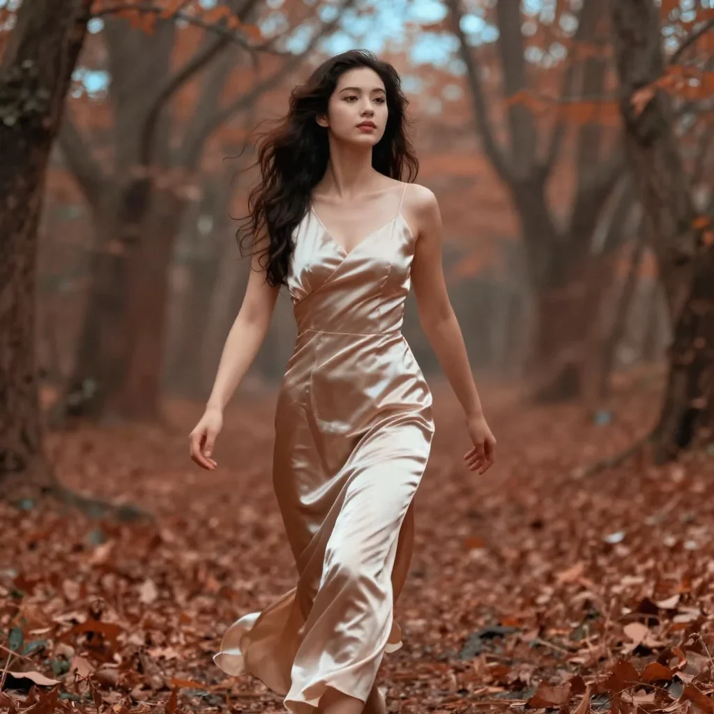 a young woman in a flowing silk gown in a confident cinematic stride, in a dewy forest clearing, Wong Kar-wai colour cin