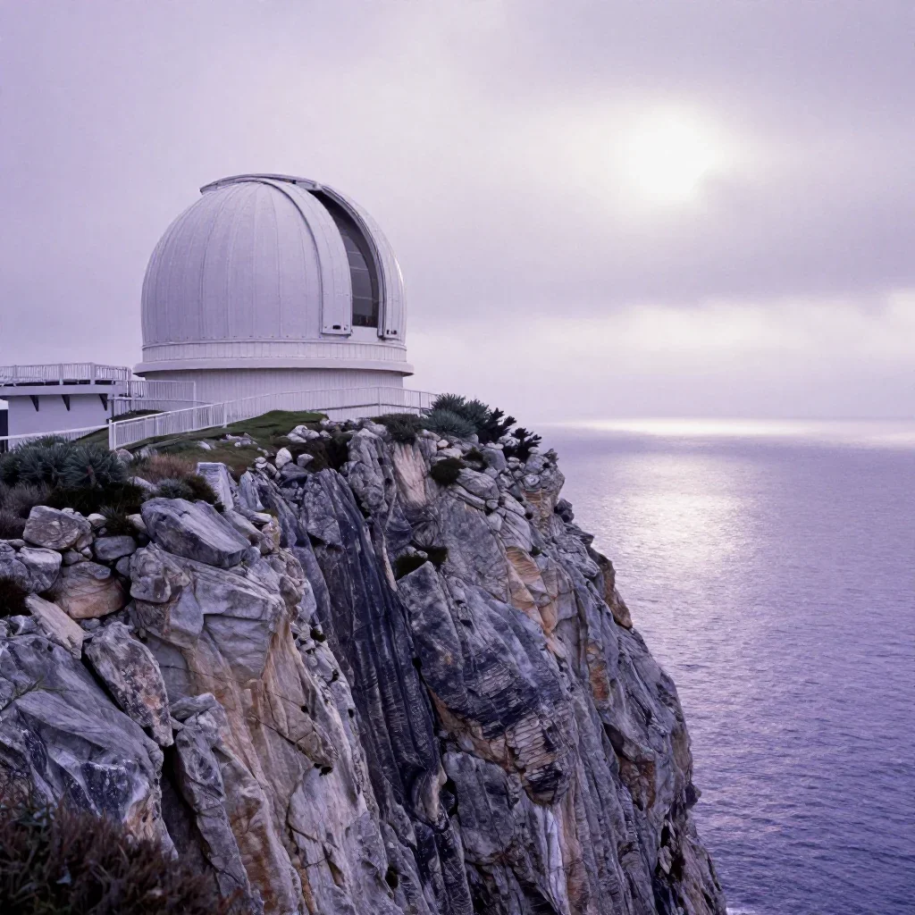 a cliffside observatory under overcast coastal light, dreamlike fine-art landscape photography, subtle film grain, laven
