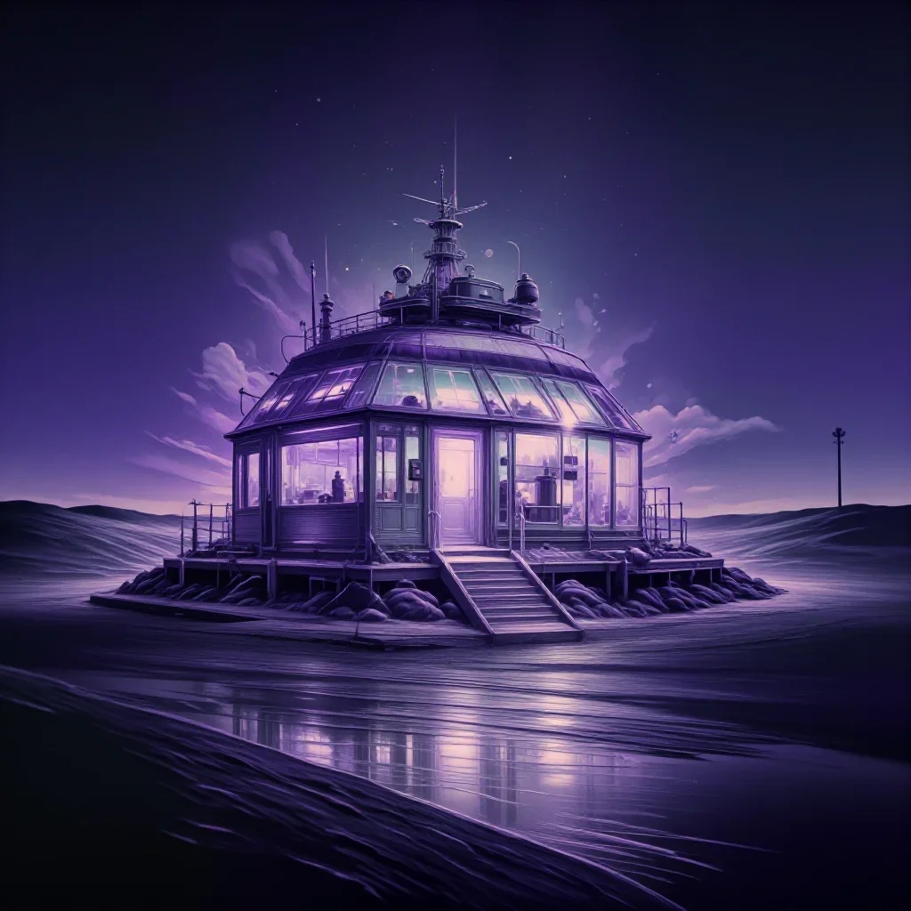 a desert research station at blue hour, Japanese woodblock-inspired editorial art, gentle reflected light, lavender and 