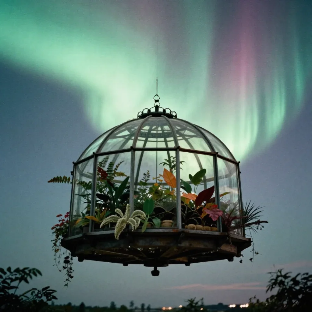 a floating botanical conservatory beneath an aurora, soft-grain analog film photography, subtle film grain, rust and sag