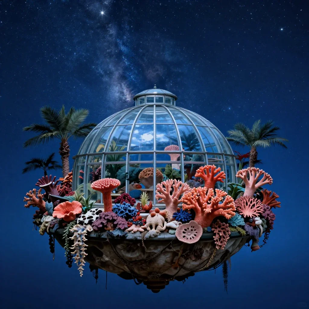 a floating botanical conservatory beneath a star-filled sky, dreamlike fine-art landscape photography, restrained color