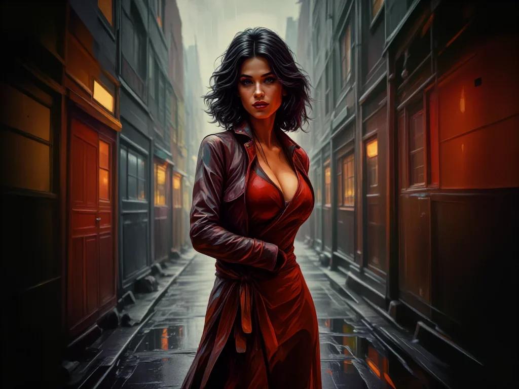a noir detective's femme fatal muse in a trench coat in a graceful contrapposto pose, in a rain-slick neon alley, soft-g