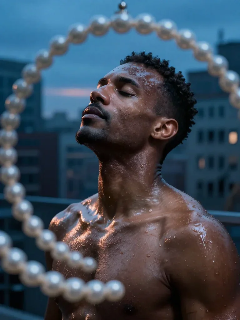 a chiseled athlete in dramatic rim light, oiled skin in a deep breath with eyes closed, in a blue-hour city apartment, c