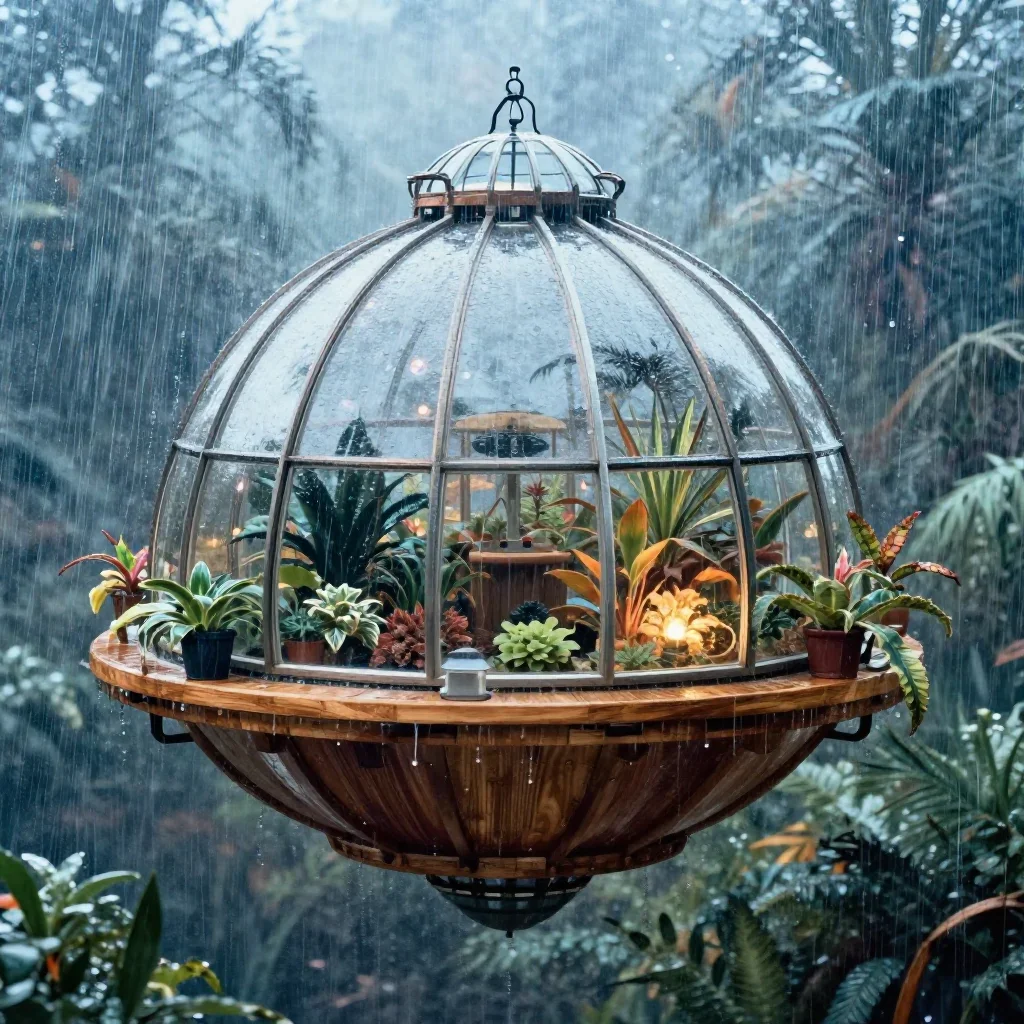 a floating botanical conservatory after warm summer rain, quiet science-fiction concept art, subtle film grain, ice blue