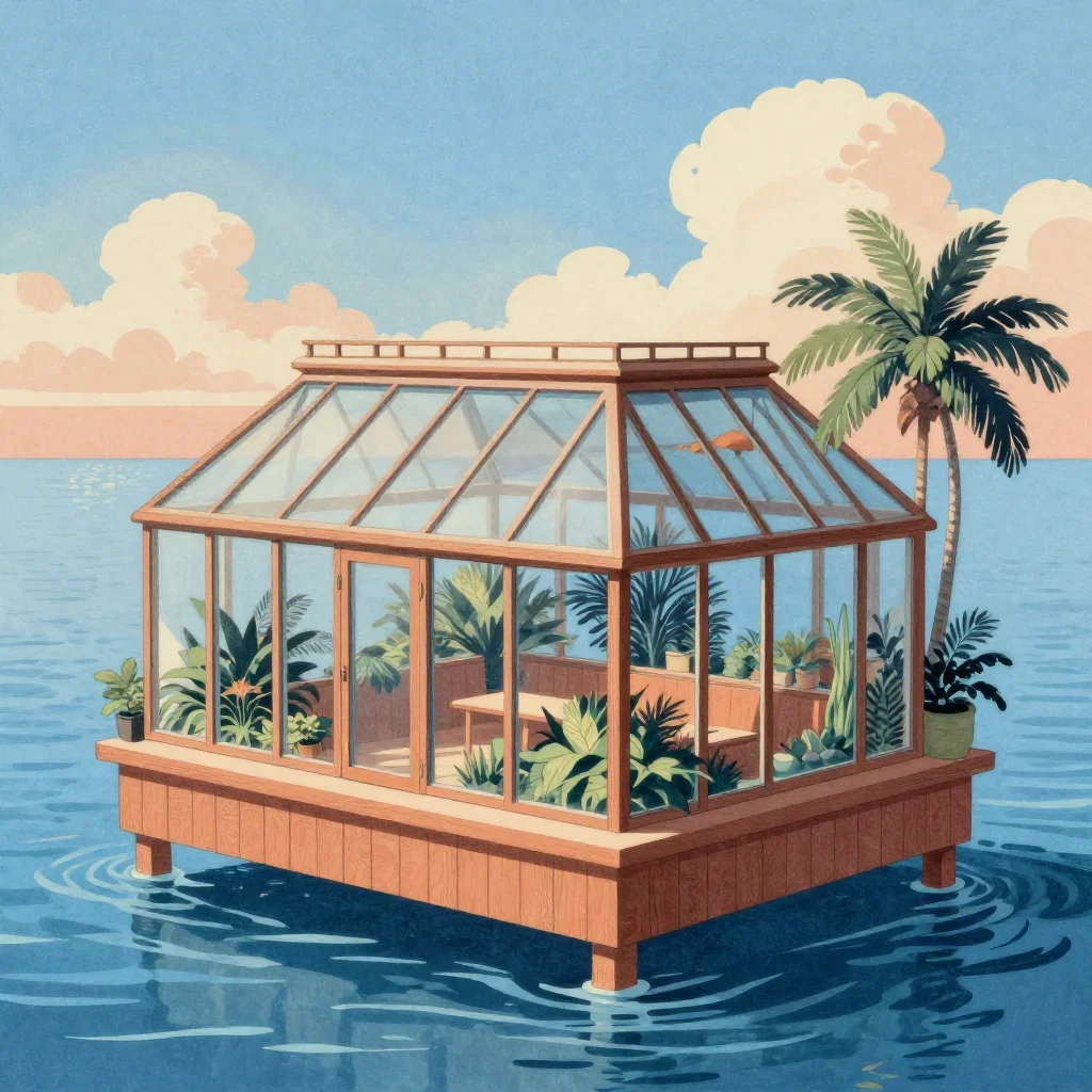 a floating botanical conservatory in a gentle sea breeze, Japanese woodblock-inspired editorial art, careful geometric c