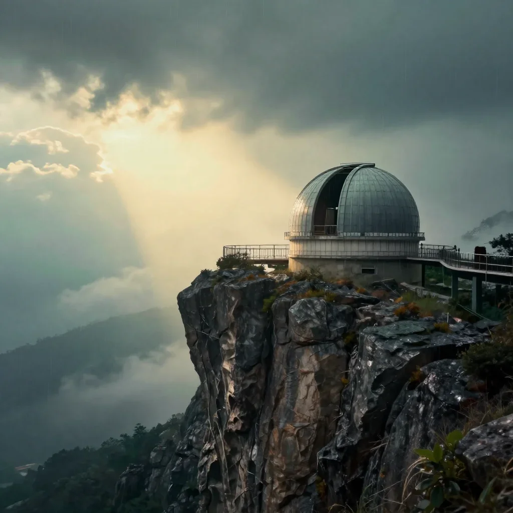 a cliffside observatory after warm summer rain, dreamlike fine-art landscape photography, soft volumetric light, jade an