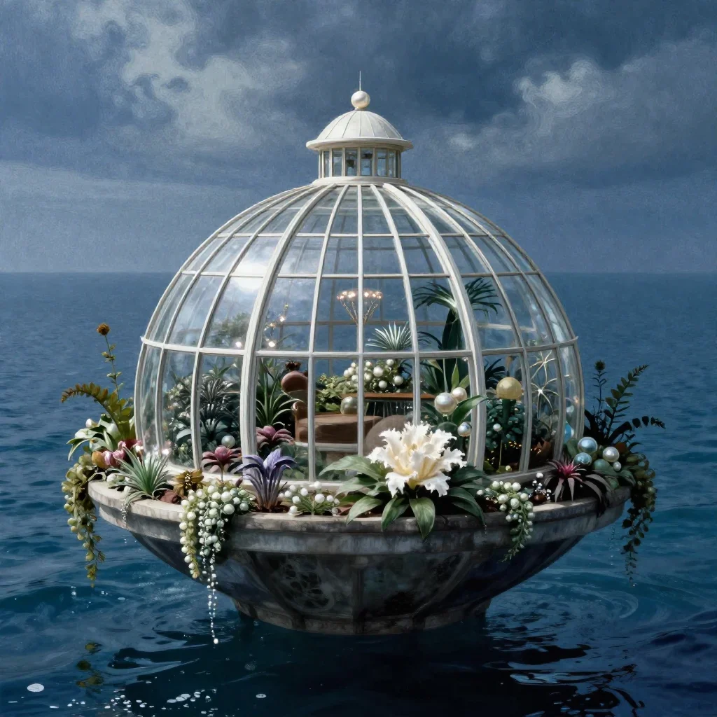 a floating botanical conservatory in a gentle sea breeze, quiet science-fiction concept art, subtle film grain, indigo a