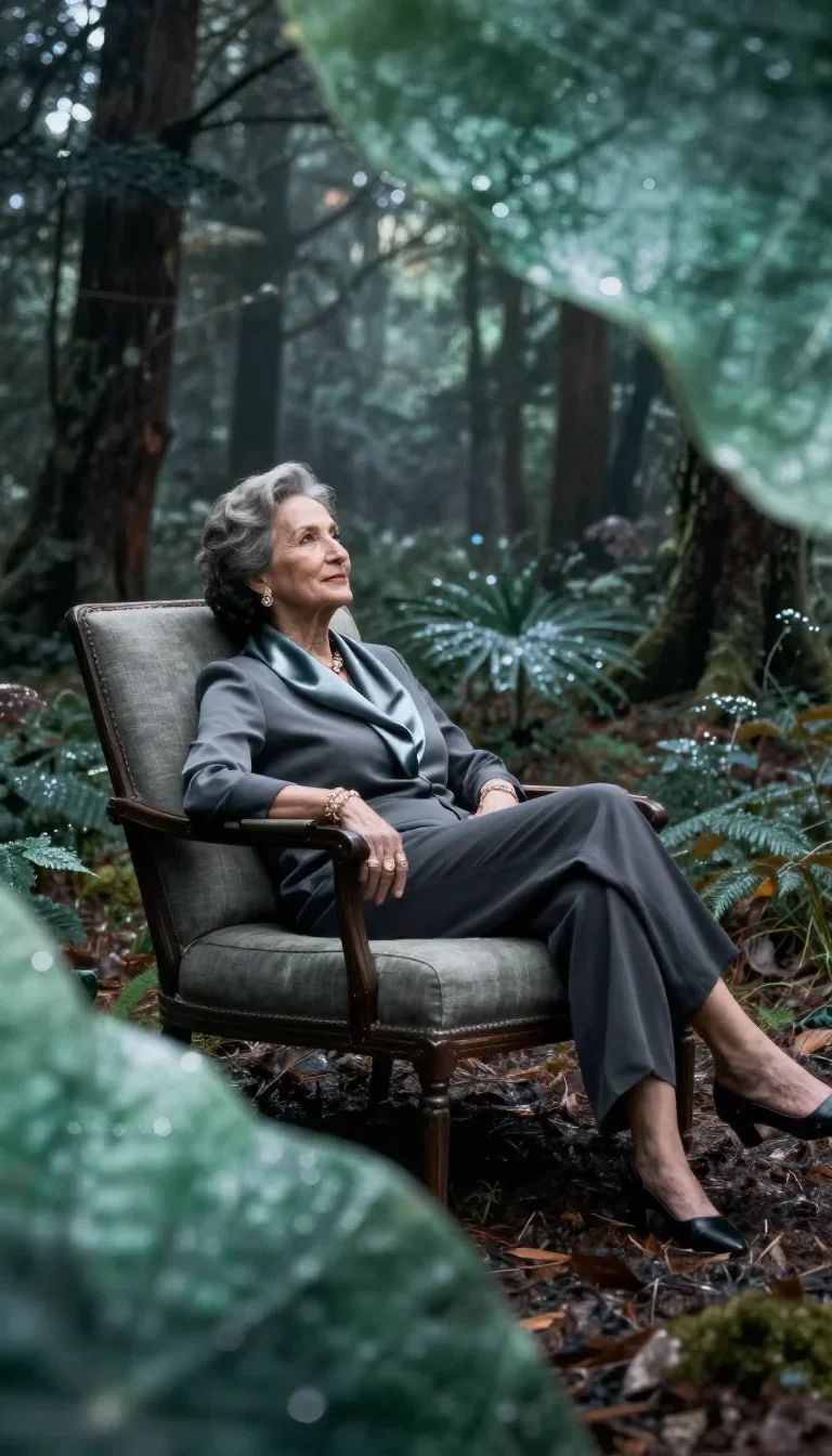 an elegant older stateswoman in a silk scarf reclining elegantly on a chaise, in a dewy forest clearing, editorial glamo