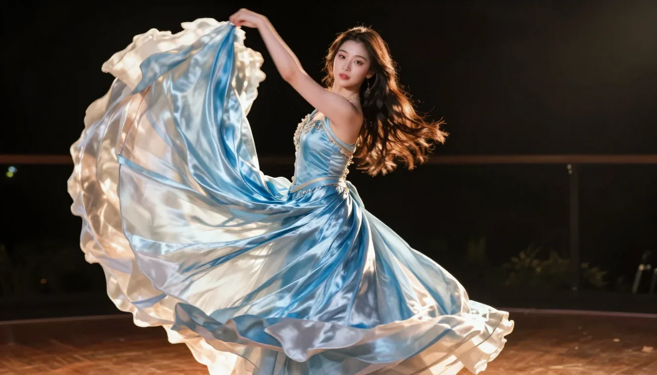 a young woman in a flowing silk gown mid-turn with fabric catching the light, on a midnight dance floor, cinematic film