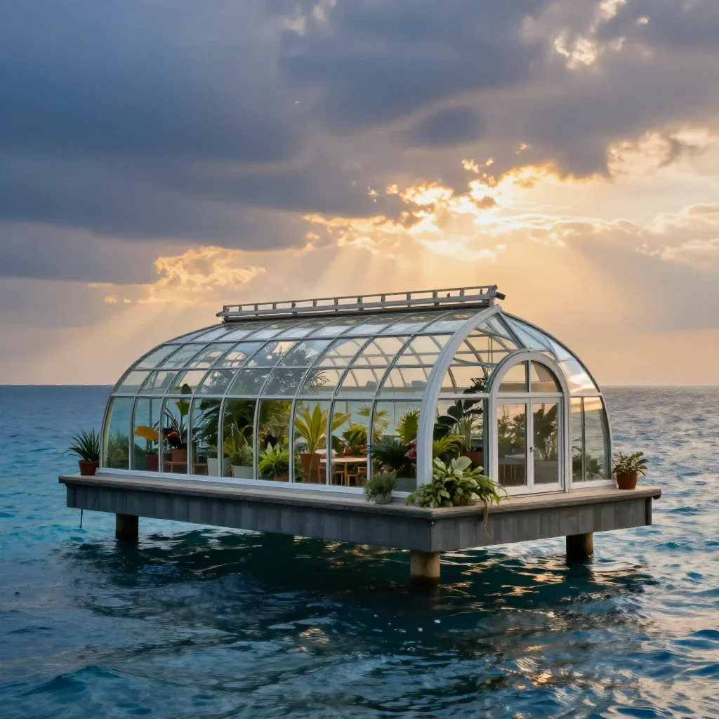 a floating botanical conservatory in a gentle sea breeze, refined editorial travel photography, clean natural textures, 