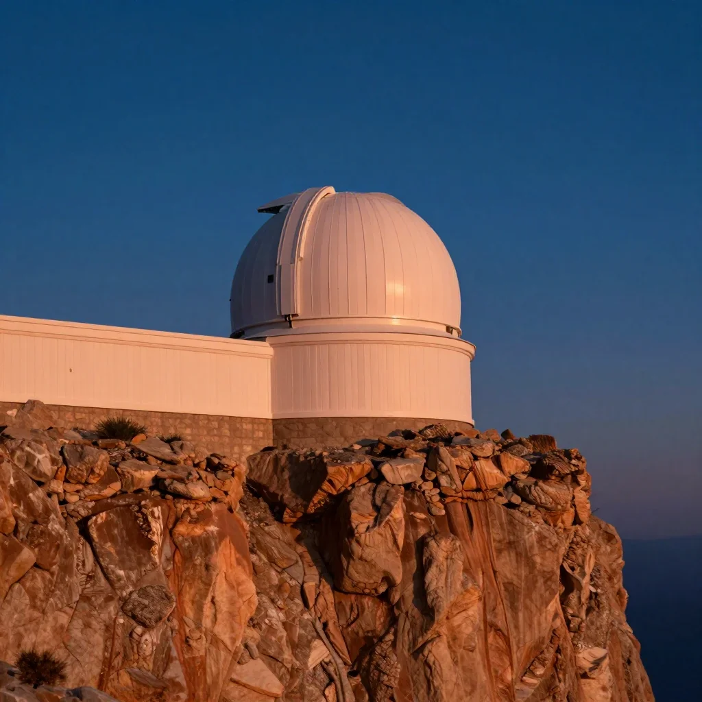 a cliffside observatory at blue hour, cinematic architectural photography, clean natural textures, ochre and ultramarine