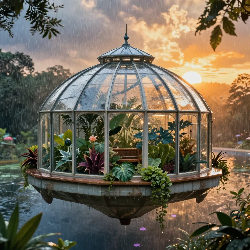 a floating botanical conservatory after warm summer rain, high-end design magazine photography, clean natural textures, 