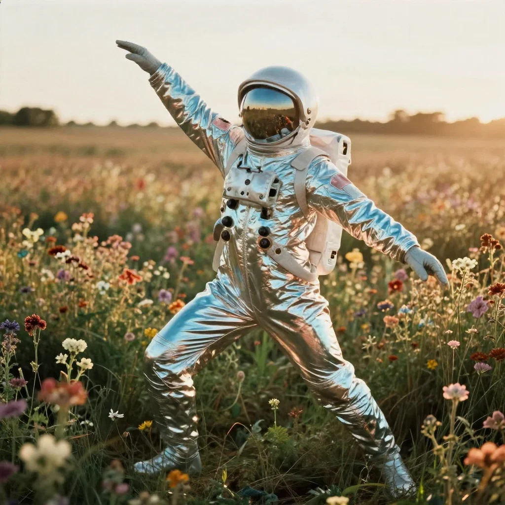 an astronaut in a reflective bodysuit among wildflowers in a graceful contrapposto pose, in a backlit golden-hour field,