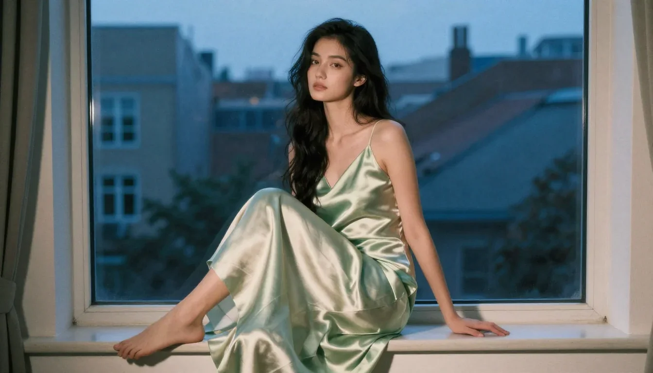 a young woman in a flowing silk gown in a seated silhouette against a window, in a blue-hour city apartment, soft-grain 