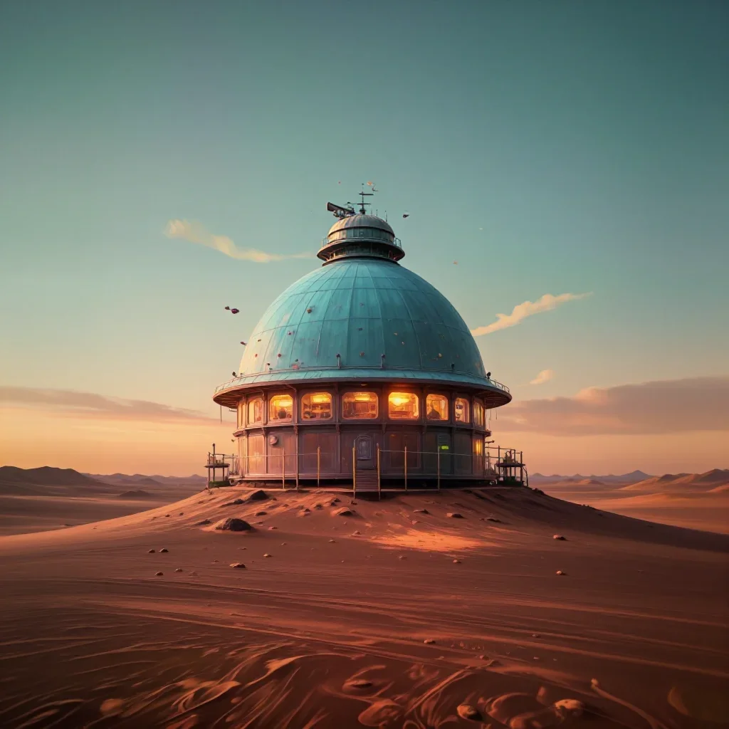 a desert research station during golden hour, high-end design magazine photography, restrained color harmony, terracotta
