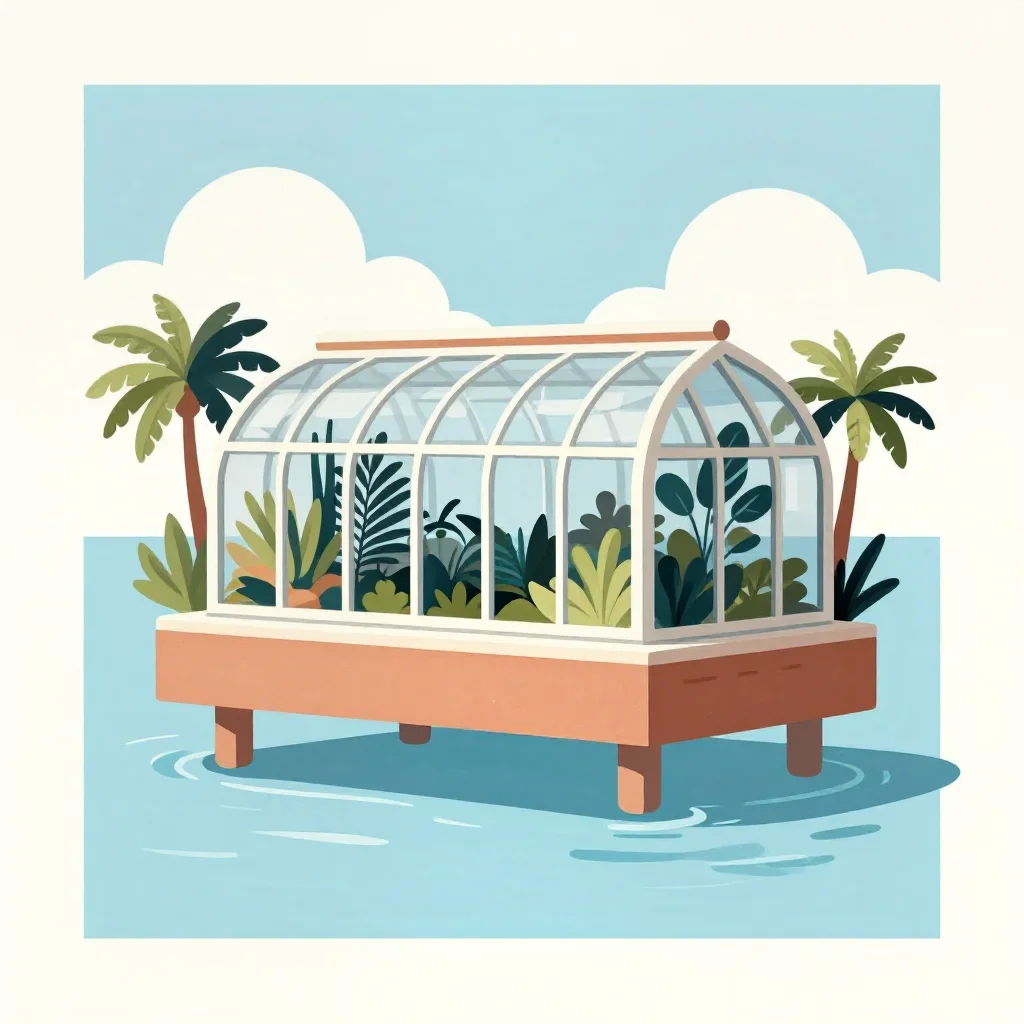 a floating botanical conservatory in a gentle sea breeze, modernist poster illustration, clean natural textures, terraco