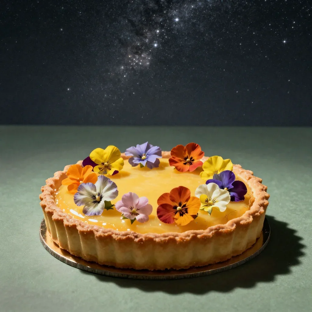 a citrus tart with edible flowers beneath a star-filled sky, museum-quality still-life photography, subtle film grain, r