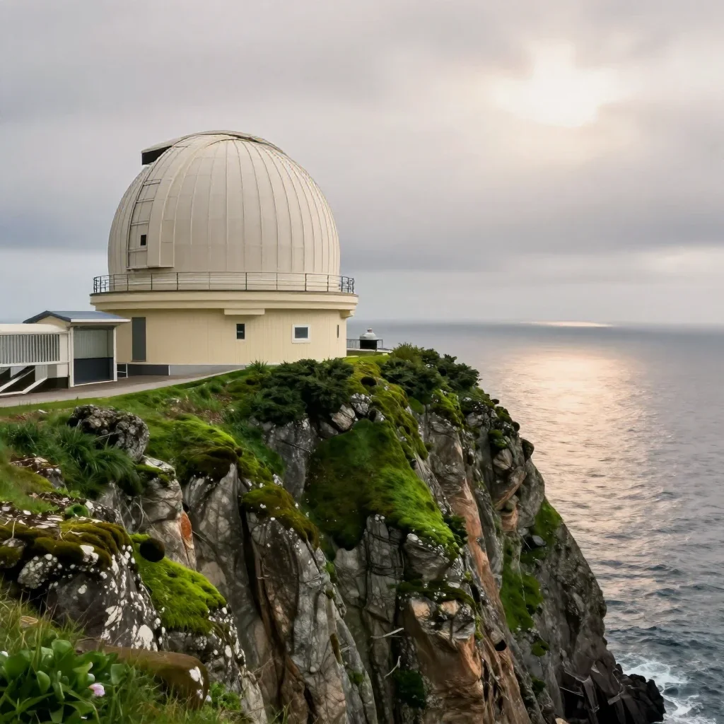 a cliffside observatory under overcast coastal light, refined editorial travel photography, gentle reflected light, moss