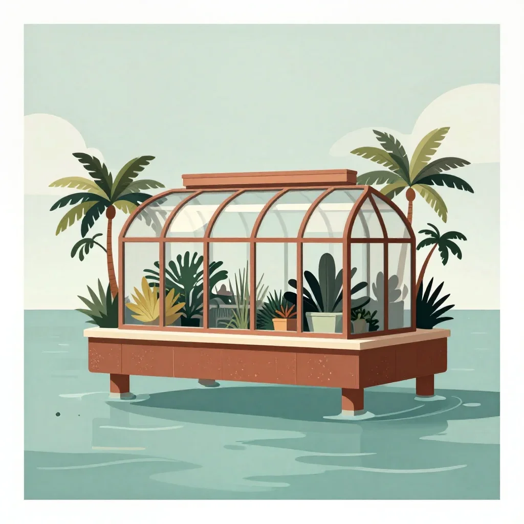 a floating botanical conservatory in a gentle sea breeze, modernist poster illustration, calm negative space, rust and s