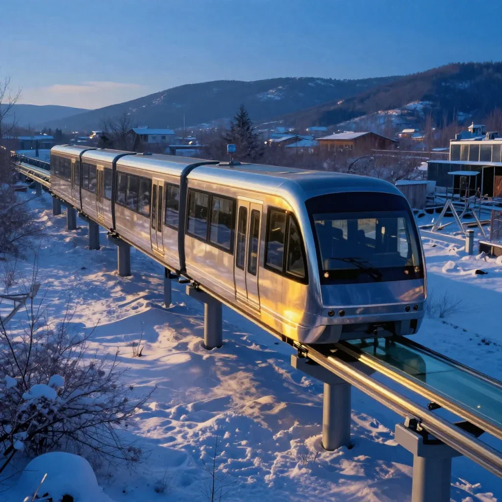 a glass monorail in crisp winter sunlight, museum-quality still-life photography, restrained color harmony, cobalt and a