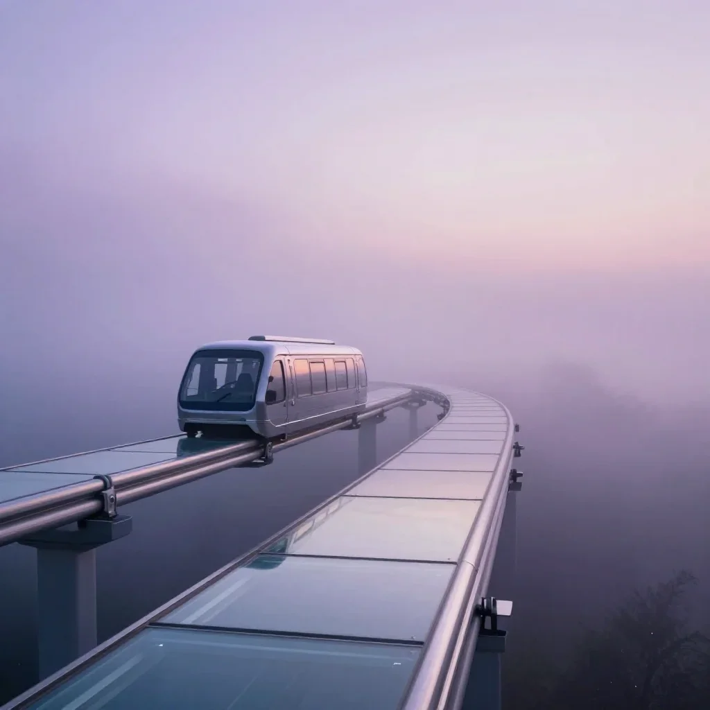 a glass monorail under soft dawn fog, quiet science-fiction concept art, gentle reflected light, lavender and silver pal