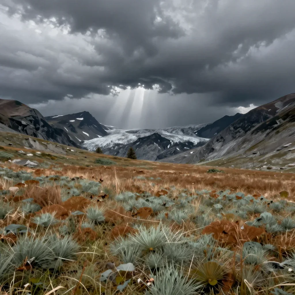 an alpine meadow beneath glaciers after a distant thunderstorm, contemporary botanical illustration, calm negative space