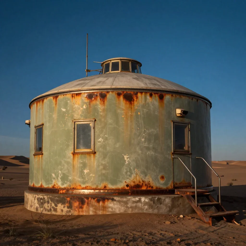 a desert research station at blue hour, refined editorial travel photography, weathered tactile surfaces, rust and sage