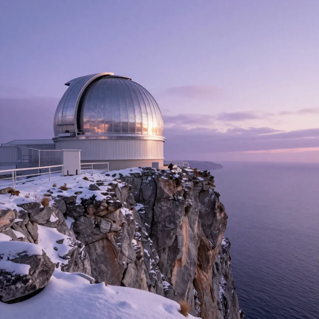 a cliffside observatory in crisp winter sunlight, dreamlike fine-art landscape photography, gentle reflected light, lave